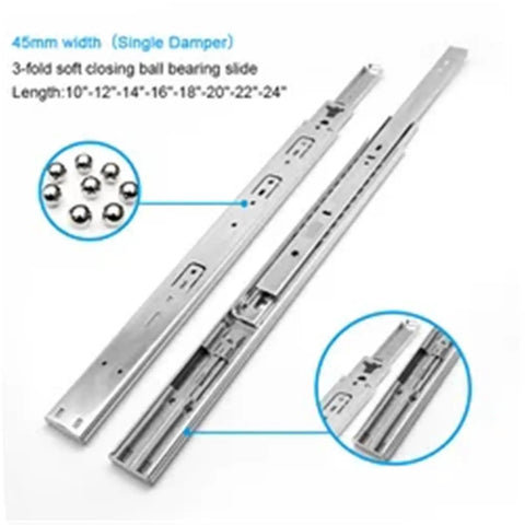 Full Extension 45mm Push To Open Ball Bearing Drawer Slides For Kitchen And Bedroom Furniture, single damper, silver color