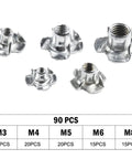 90 Piece Four Prong Tee Nuts Set Zinc Plated Steel Blind Captive Nuts For Wood And Particleboard Furniture DIY Assorted Sizes M3 M5 M6 M8 Pro Grade