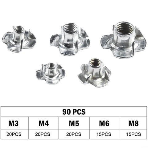 90 Piece Four Prong Tee Nuts Set Zinc Plated Steel Blind Captive Nuts For Wood And Particleboard Furniture DIY Assorted Sizes M3 M5 M6 M8 Pro Grade