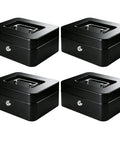 Four black metal cash boxes with key lock and money tray, shown in a set for home office and events, durable and portable.