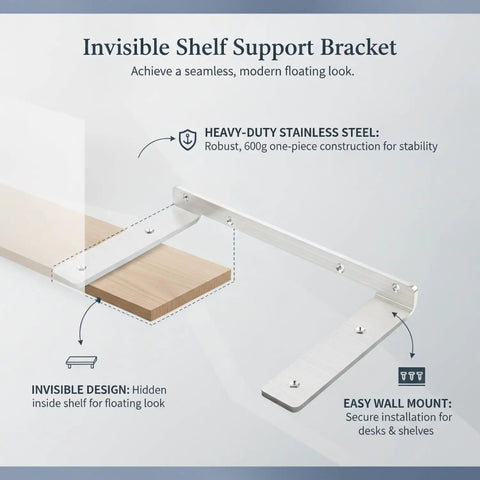 Hidden Stainless Steel Floating Shelf Bracket for Wall Mount Desks and Shelves, heavy duty one piece, invisible support, 11.4 x 5.9 x 1.9 inches