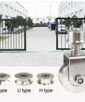 Badass Stainless Steel Gate Wheels With Hella Smooth V Groove Rollers For Sliding And Rolling Gates Spring Loaded Casters 68 Mm Heavy Duty Wheel 550 Lbs Capacity Built Tough For Extreme Weather displayed near sliding gates.