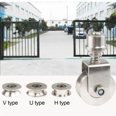 Badass Stainless Steel Gate Wheels With Hella Smooth V Groove Rollers For Sliding And Rolling Gates Spring Loaded Casters 68 Mm Heavy Duty Wheel 550 Lbs Capacity Built Tough For Extreme Weather displayed near sliding gates.