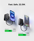 Ultra Compact 20000mAh Power Bank Featuring Dual USB Cables And Secure Lanyard Offers Beast Mode 22.5W Fast Charging for devices.