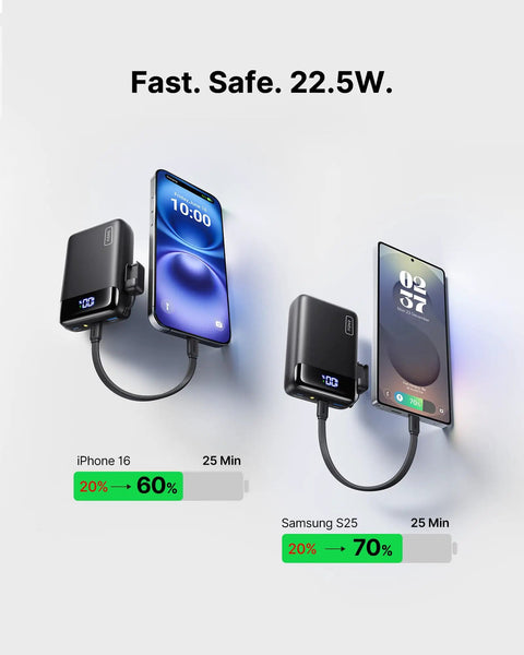 Ultra Compact 20000mAh Power Bank Featuring Dual USB Cables And Secure Lanyard Offers Beast Mode 22.5W Fast Charging for devices.