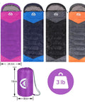 Four Three Season Sleeping Bag For All Weather Kids Teens And Adults Waterproof Lightweight Indoor Outdoor Gear For Camping Hiking Backpacking And Survival Purple, blue, gray, and orange with dimensions and 3 lb weight displayed.