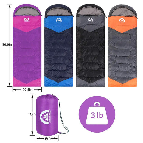 Four Three Season Sleeping Bag For All Weather Kids Teens And Adults Waterproof Lightweight Indoor Outdoor Gear For Camping Hiking Backpacking And Survival Purple, blue, gray, and orange with dimensions and 3 lb weight displayed.