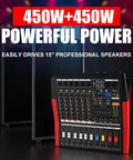 Six-Channel Pro Mixer with Bluetooth Sound Bar and Power Amplifier, 2x450W Output, and built-in EQ front view, 99 DSP effects