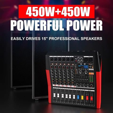 Six-Channel Pro Mixer with Bluetooth Sound Bar and Power Amplifier, 2x450W Output, and built-in EQ front view, 99 DSP effects
