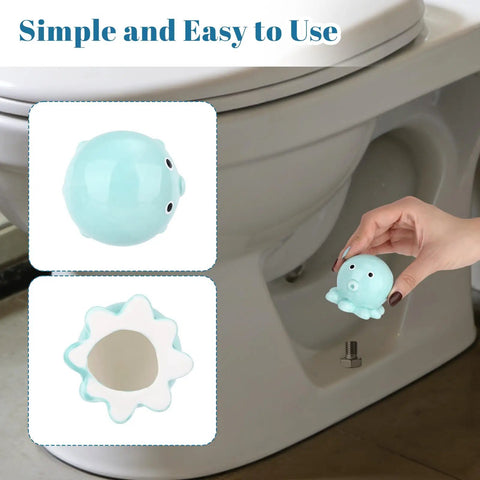 Set Of Two Blue Ceramic Octopus Toilet Bolt Covers Decorative Floor Screw Caps Fits Standard Plumbing Zero Fuss Install Slick Look Hides Rusty Bolts Total Vibe For A Snappy Bathroom Refresh, showing blue octopus cap being installed.