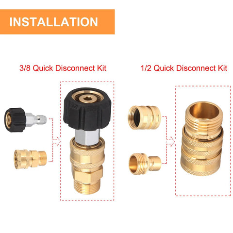 Brass 3/8 and 1/2 Quick Disconnect kits shown in installation diagram for pressure washer adapters.
