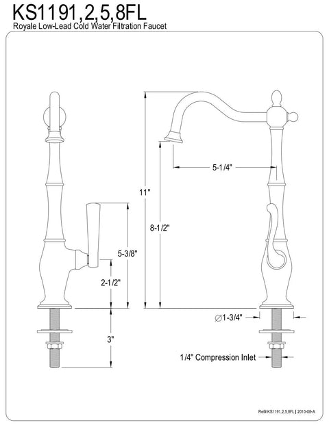Technical diagram of Royale Cold Water Filtration Faucet In Oil Rubbed Bronze With Solid Brass Construction, dimensions labeled.