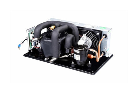 Compact Slick Coaxial Liquid Chiller With 24V DC Power And 130W Cooling Capacity, featuring refrigerant lines and fan.