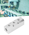 Aluminum Air Manifold Block 40x40mm heavy duty high flow with G1/2 inlet and G1/4 outlet in factory automation setting.