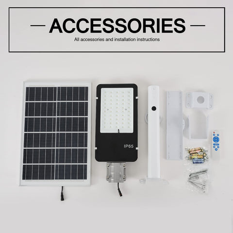 Components of 60000 Lumen Solar Street Light Outdoor Waterproof IP65 Dusk To Dawn With Motion Sensor And Remote Control displayed