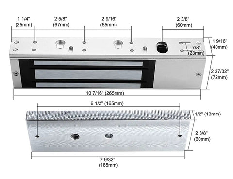 Illustration with dimensions of Waterproof Heavy Duty Magnetic Door Lock For Outdoor Gates Tough As Nails 12VDC 24VDC.