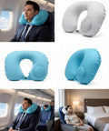 Collage showing U Shaped Travel Neck Pillow With Built In Press Pump For Quick Inflation, used in plane and hotel settings.