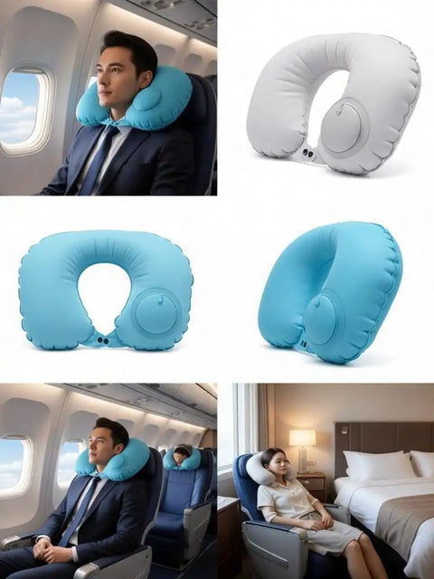 Collage showing U Shaped Travel Neck Pillow With Built In Press Pump For Quick Inflation, used in plane and hotel settings.
