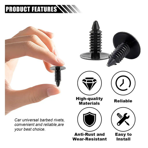 Hand holding a 200Pcs Car Plastic Trim Rivets Push Clip Fasteners Kit For Fenders And Bumpers Universal 7 Mm Hole Large Head