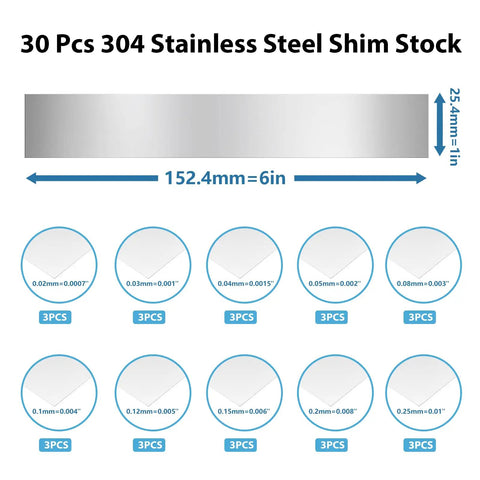 30 Piece Burr Free Stainless Steel Shim Stock Set 1 Inch Wide By 6 Inches Long Thin Metal Shims 0.0007 To 0.01 Inch Thick