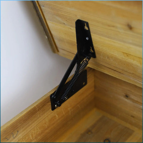 Heavy Duty Furniture Spring Hinges 80 Degree Lift Brackets Built Like A Tank Rock Solid Steel installed on wooden storage chest.
