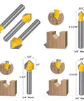 Six-Piece One Quarter Inch Shank Pro Grade Carbide Router Bit Set with V-Groove and Round Nose for CNC and woodworking