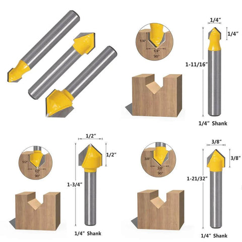 Six-Piece One Quarter Inch Shank Pro Grade Carbide Router Bit Set with V-Groove and Round Nose for CNC and woodworking