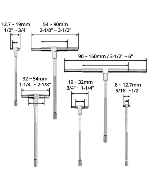QWORK 5/16–6 in telescoping bore gauge set, 6-pack, stainless steel T-bore hole gauges.