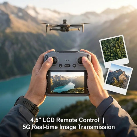 Person holding controller showing 4K GPS Drone With 4.5 Inch HD Controller Screen, Foldable Quadcopter above mountains.