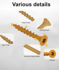 Heavy Duty Size Eight X One Point Four Inch Flat Head Deck Screws With T25 Star Torx Drive Tan Carbon Steel details and features.