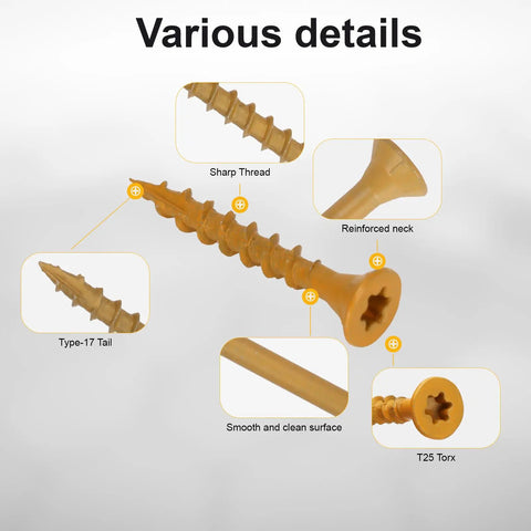 Heavy Duty Size Eight X One Point Four Inch Flat Head Deck Screws With T25 Star Torx Drive Tan Carbon Steel details and features.