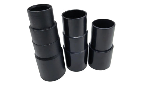 Front view: black plastic vacuum hose adapters, three styles, open-ended