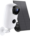 Solar Powered Wireless Outdoor Security Camera With 365 Day Power PIR Motion Detection Alarm Alerts SD Card Slot Two Way Audio 2.4G WiFi 5000mAh Battery For Year Round Surveillance mounted on wall with solar panel.