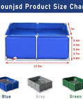 Waterproof Canvas Fish Pond Tank For Outdoor Storage in blue, gray, and green with size chart, heavy-duty frame and drain.