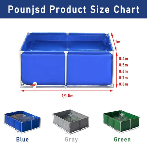 Waterproof Canvas Fish Pond Tank For Outdoor Storage in blue, gray, and green with size chart, heavy-duty frame and drain.