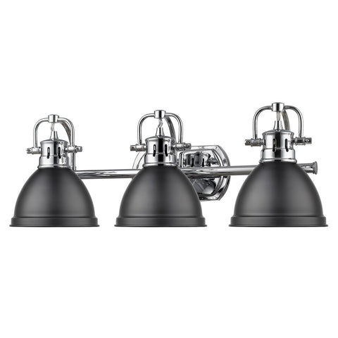 Duncan Bath Fixture 3602-BA3 CH-BLK with chrome finish and matte black shades, modern industrial bathroom lighting