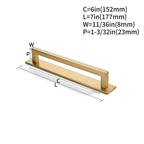 Solid As A Rock 5 Pack 6 Inch Hole Center Brushed Brass Cabinet Pulls With Rustic Backplate Heavy Duty Drawer Handles No Sweat Install For Kitchen Cabinets detailed dimensions showing 6 inch hole center.