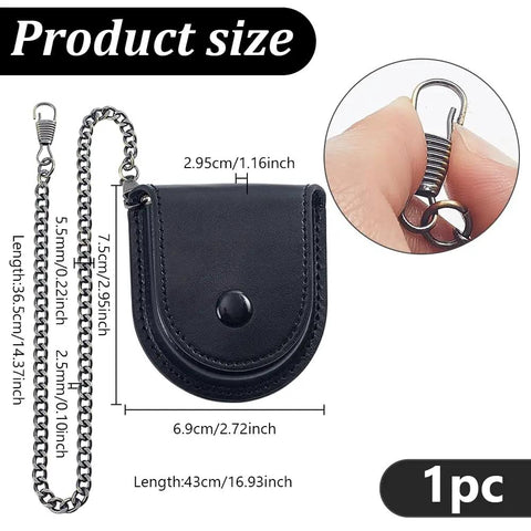 Hella Solid Pocket Watch Case Crafted From Premium Pu Leather Featuring A Snazzy Antique Bronze Chain secure snap closure with dimensions shown.