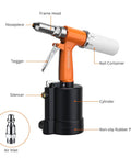 Heavy Duty Pneumatic Rivet Gun Is A Powerhouse Beast With 3924Lbf Pull Force and five nosepieces, showing features like cylinder and air inlet.