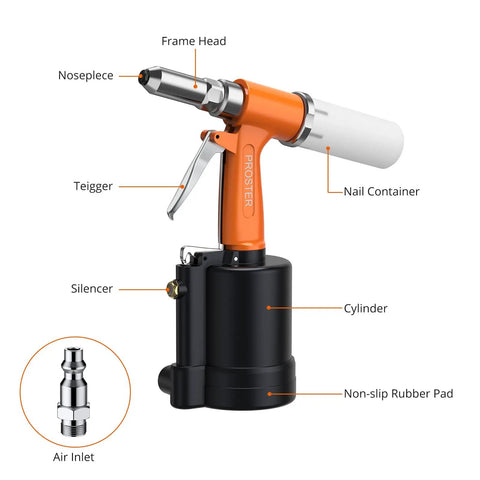 Heavy Duty Pneumatic Rivet Gun Is A Powerhouse Beast With 3924Lbf Pull Force and five nosepieces, showing features like cylinder and air inlet.