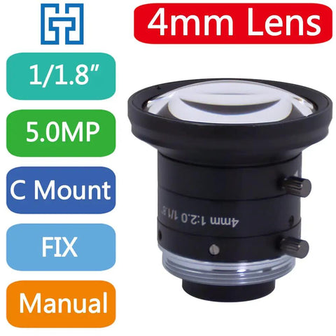 Four Millimeter Fixed Focus C Mount Lens For Industrial Machine Vision Cameras With One Over One Point Eight Inch Sensor HD 5MP Imaging And Distortion Under One Percent For Precise Automated Inspection, showing 4mm lens with C Mount for 1/1.8'' sensors.