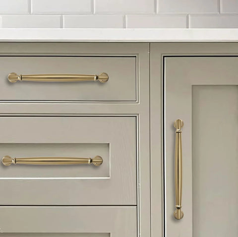 5 Inch Brushed Brass Cabinet Pulls 10 Pack, Heavy Duty Solid Warm Gold Handles, installed on kitchen cabinets and drawers