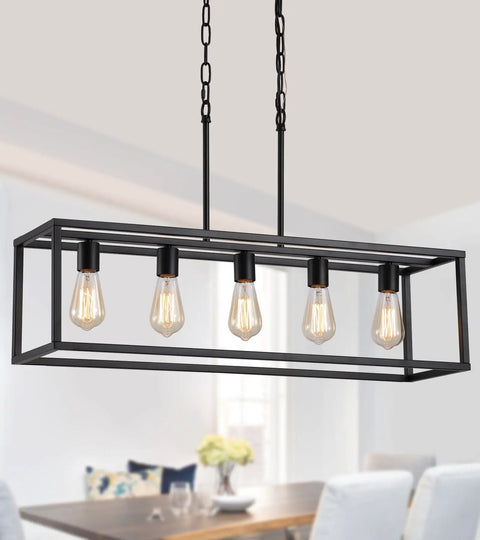 Black Rectangle Kitchen Island Light With Five Linear Pendant Fixtures Modern Industrial Chandelier for dining room