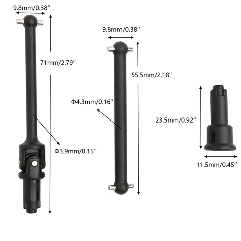Beefy Front And Rear RC Drive Shafts For 1 To 16 Scale HM161 And 16889 Series Trucks Upgrade Kit size dimensions diagram.