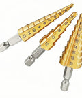 Awesome Socoje Step Drill Bit Set: 3-Piece Hex Shank HSS Cone Bits, Titanium Coated For Quick DIY Wood And Plastic Projects, Perfect For Heavy Duty Drilling Tasks. 3-piece titanium HSS step drill bits with hex shank, 4mm-20mm, for wood and plastic.