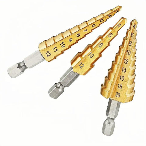 Awesome Socoje Step Drill Bit Set: 3-Piece Hex Shank HSS Cone Bits, Titanium Coated For Quick DIY Wood And Plastic Projects, Perfect For Heavy Duty Drilling Tasks. 3-piece titanium HSS step drill bits with hex shank, 4mm-20mm, for wood and plastic.