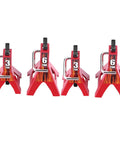 Front view of four red metal RC car jack stands with 3-ton and 6-ton labels for 1/10 scale crawlers