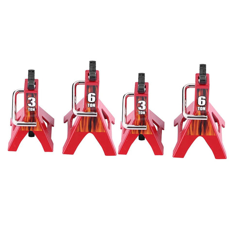 Front view of four red metal RC car jack stands with 3-ton and 6-ton labels for 1/10 scale crawlers