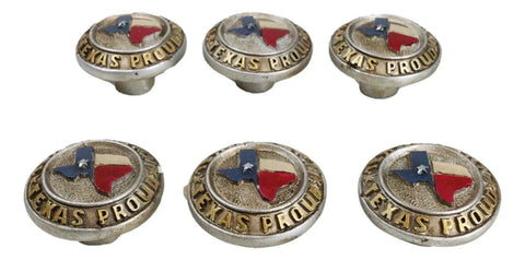 Pack Of Six Rustic Western Texas Flag Drawer Knobs Hand Painted Lone Star Cabinet Hardware For Down South Furniture Makeovers Featuring Mighty Fine Yeehaw Country Charm, 2-inch composite resin knobs with Texas design.