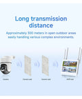 Diagram showing long transmission distance of Rugged 10 Inch Touch Screen 4Ch Nvr Security Kit with PTZ camera and NVR host.